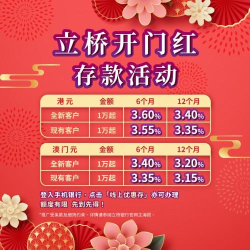 【立桥开门红存款活动】港元6个月年利率3.6%！澳门元6个月3.4%！