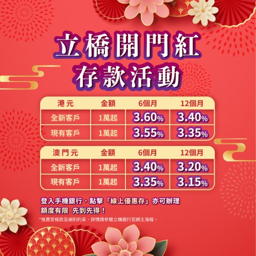 【立橋開門紅存款活動】港元6個月年利率3.6%！澳門元6個月3.4%！